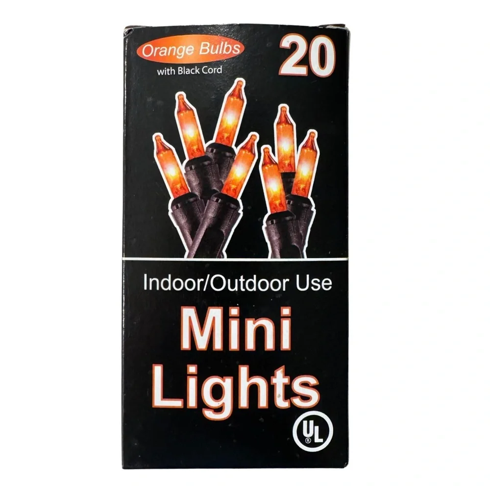 NIB Indoor Outdoor Halloween String Lights, 20 Orange Mini Bulbs, Black Wire